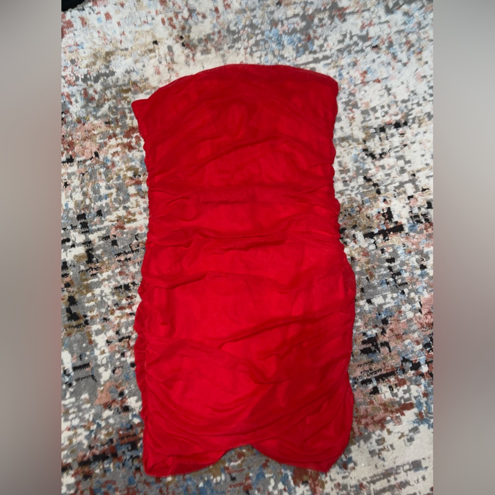 Strapless Red Corset Mesh Ruched Mini Dress
